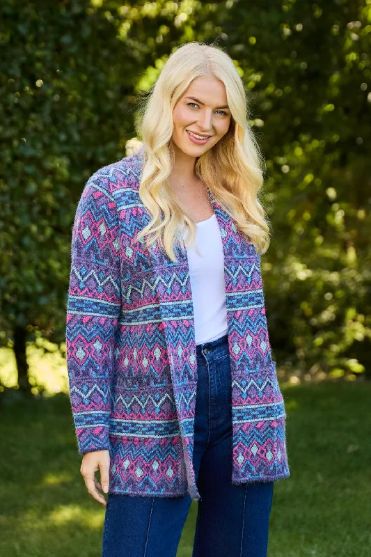 hand knitted women cardigan with artisanal charmFairisle cardigan MF-539 BLUE