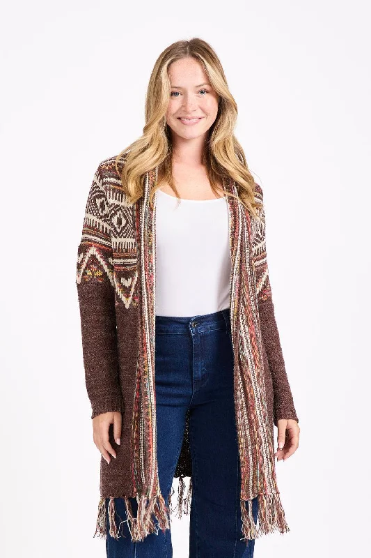 hooded women cardigan for added warmth and styleFringe Hem Aztec Cardigan- Mocha