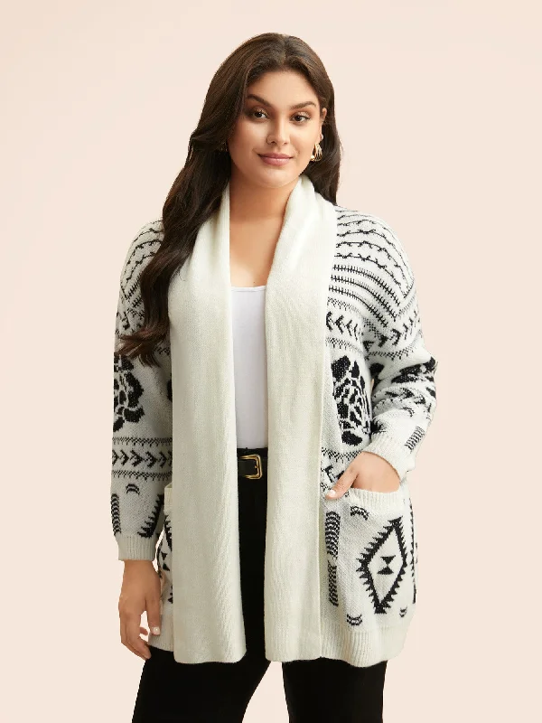 open front women cardigan for easy stylingGeometric Jacquard Lapel Collar Cardigan