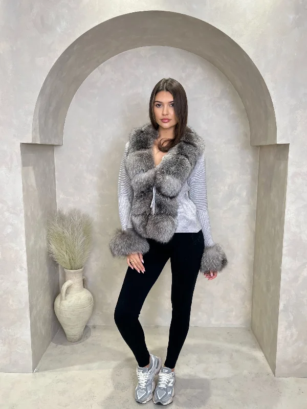 cable knit women cardigan with intricate patternsGrey/Two Tone Luxury Fur Cardigan