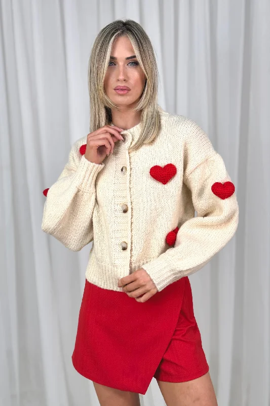 ribbed women cardigan with a classic textureHolly Heart Appliqué Cardigan In Cream