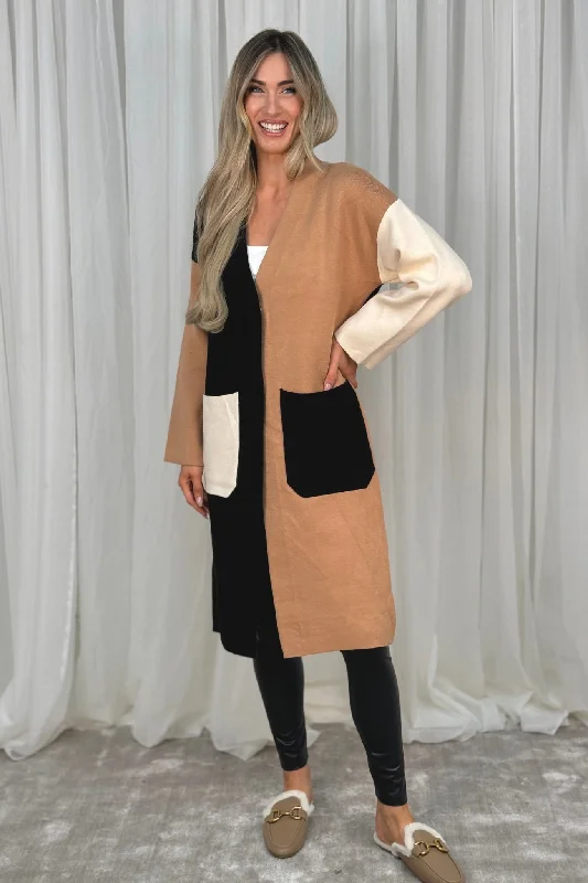 cropped women cardigan to pair with high - waisted jeansIndie Colour Block Coatigan In Camel Mix