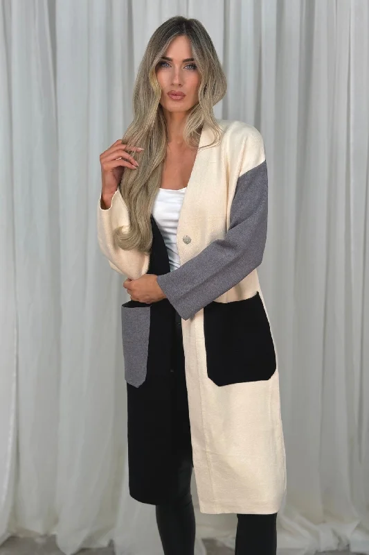 open front women cardigan for easy stylingIndie Colour Block Coatigan In Cream Mix