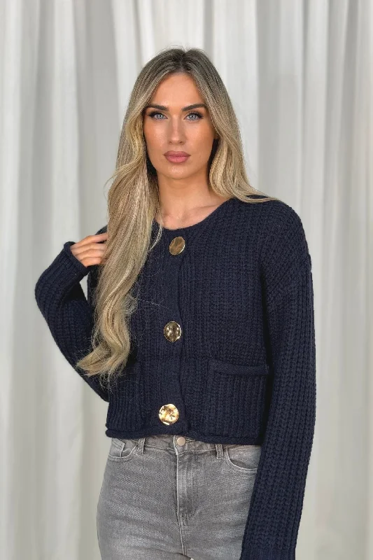 cropped women cardigan to pair with high - waisted jeansKendra Chunky Ribbed Cardigan In Navy