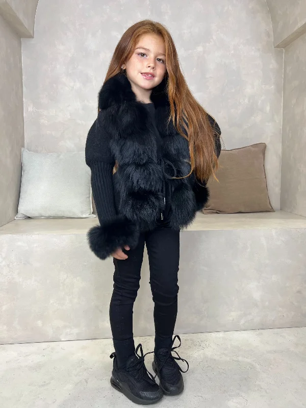 hand knitted women cardigan with artisanal charmChildrens Black Luxury Fur Cardigan