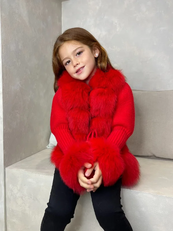 ribbed women cardigan with a classic textureChildrens Red Luxury Fur Cardigan