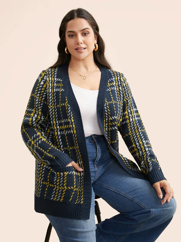machine washable women cardigan for easy careKimono Collar Plaid Pocket Cardigan