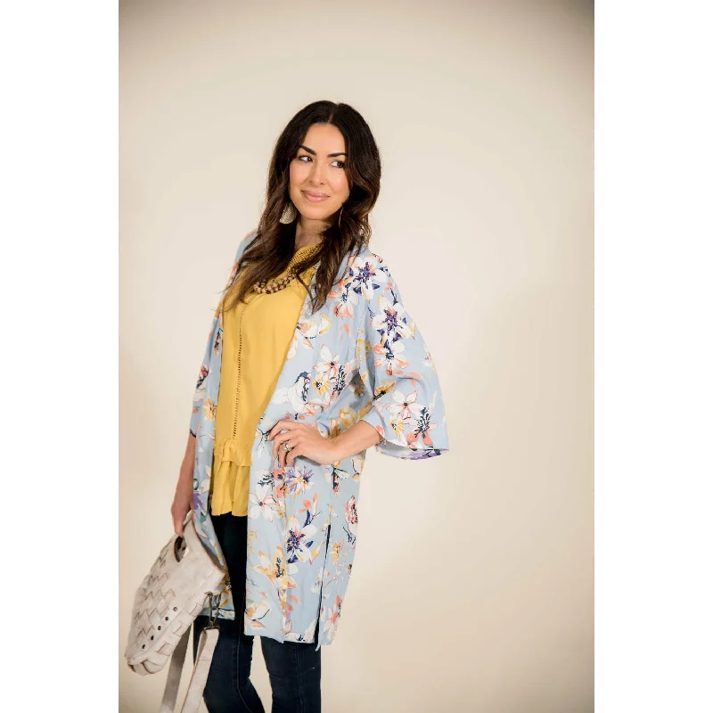cashmere blend women cardigan for a luxurious feelLight Blue Floral Kimono