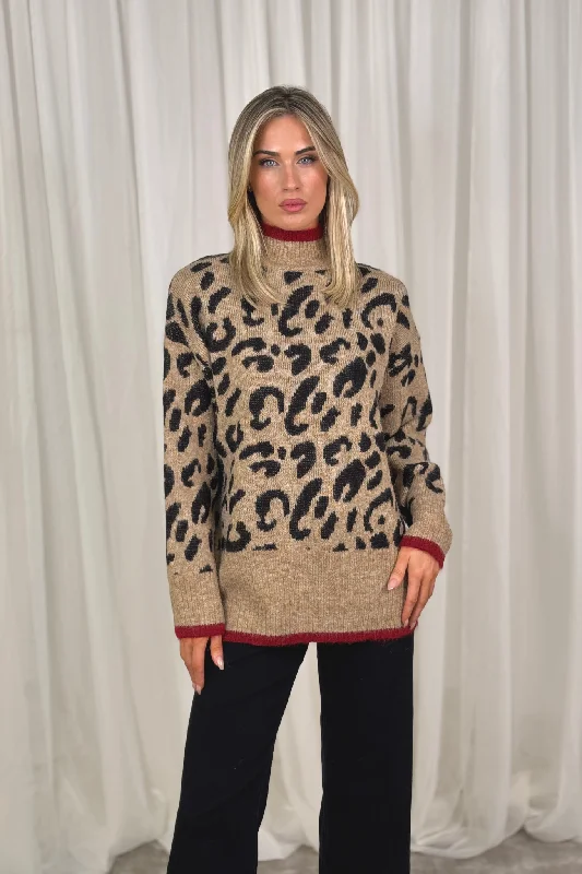 machine washable women cardigan for easy careMillie Red Trim Jumper In Leopard Print machine washable women cardigan for easy careMillie Red Trim Jumper In Leopard Print