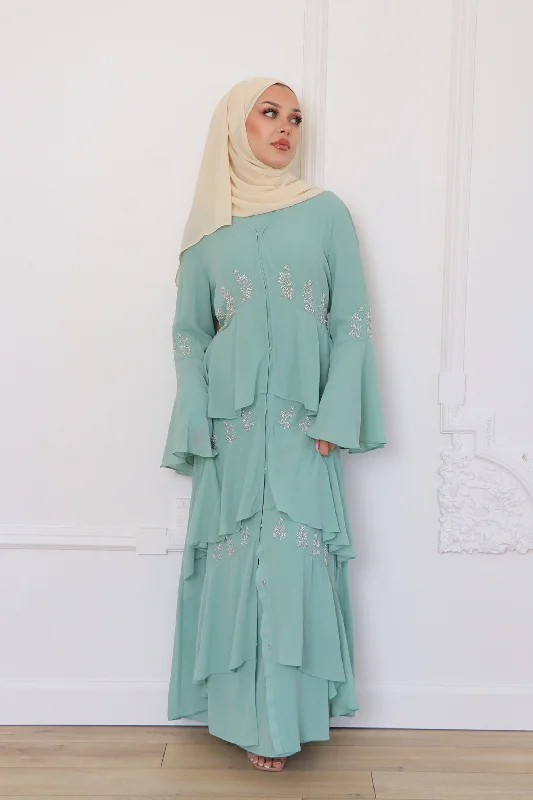 cable knit women cardigan with intricate patternsMouna Chiffon Layered Abaya - Mint