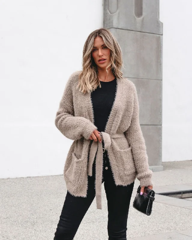 machine washable women cardigan for easy careMuse By Magnolia Fuzzy Taupe Cardigan