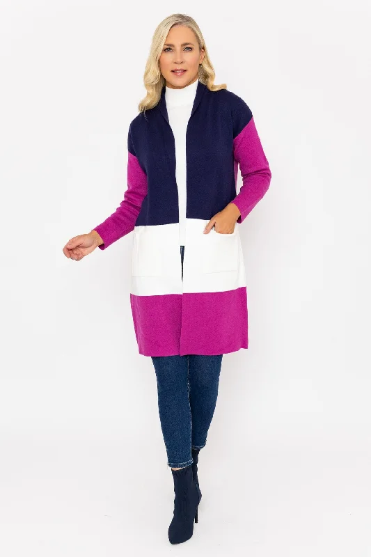 v neck women cardigan to elongate the necklineNavy Colour Block Cardigan