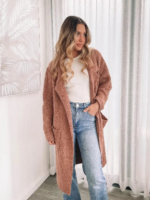 hand knitted women cardigan with artisanal charmOrley Coatigan - Rust