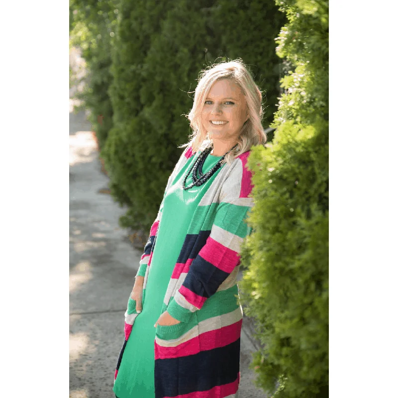 long length women cardigan with side slitsPink Color Blocked Tissue Cardigan