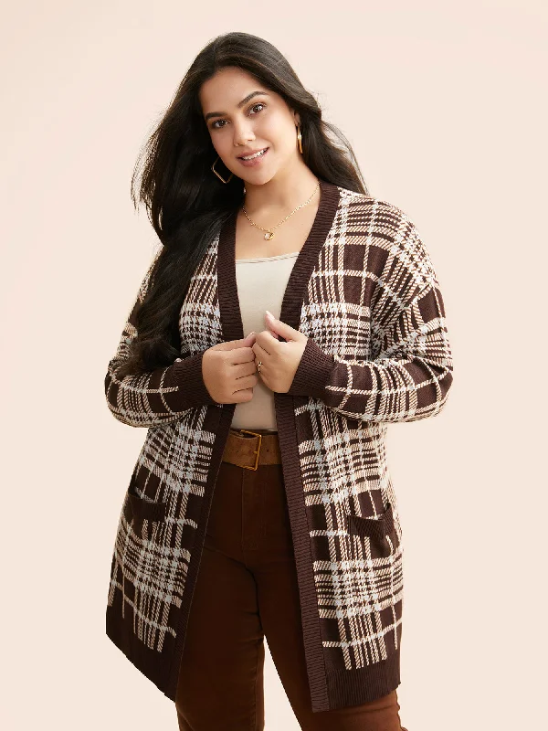 hand knitted women cardigan with artisanal charmPlaid Open Front Patch Pocket Cardigan hand knitted women cardigan with artisanal charmPlaid Open Front Patch Pocket Cardigan