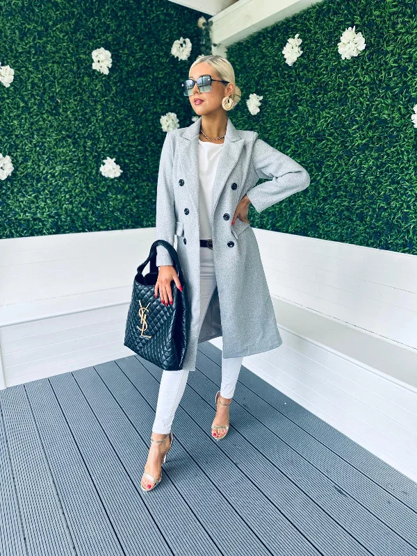 Quilted down women's coats with removable hoods for outdoor activitiesSami Double Breasted Longline Coat Grey Quilted down women's coats with removable hoods for outdoor activitiesSami Double Breasted Longline Coat Grey