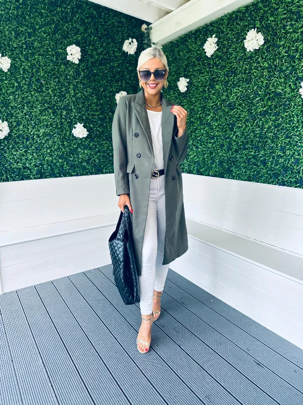 Women's cropped leather coats with silver studs for an edgy lookSami Double Breasted Longline Coat Khaki Women's cropped leather coats with silver studs for an edgy lookSami Double Breasted Longline Coat Khaki
