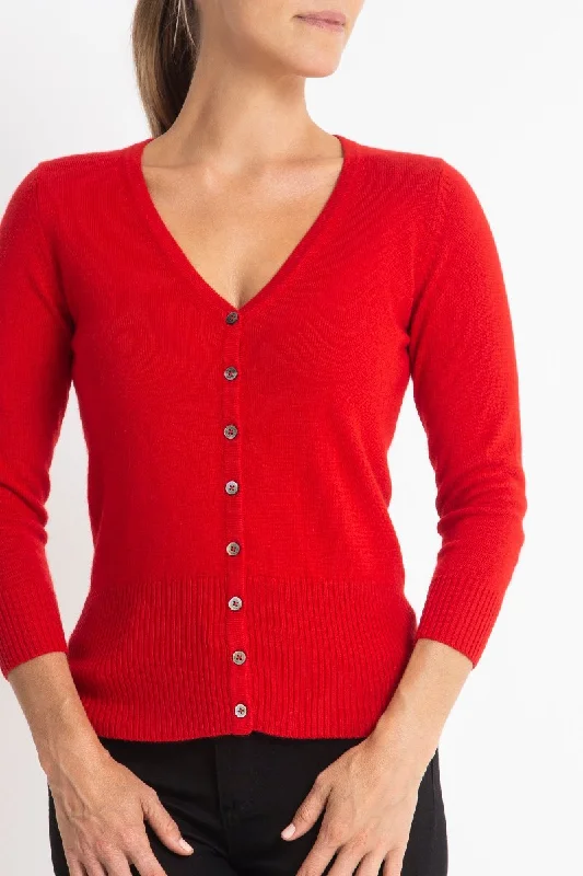 hand knitted women cardigan with artisanal charmSilk + Cashmere Audrey Cardigan in Red hand knitted women cardigan with artisanal charmSilk + Cashmere Audrey Cardigan in Red