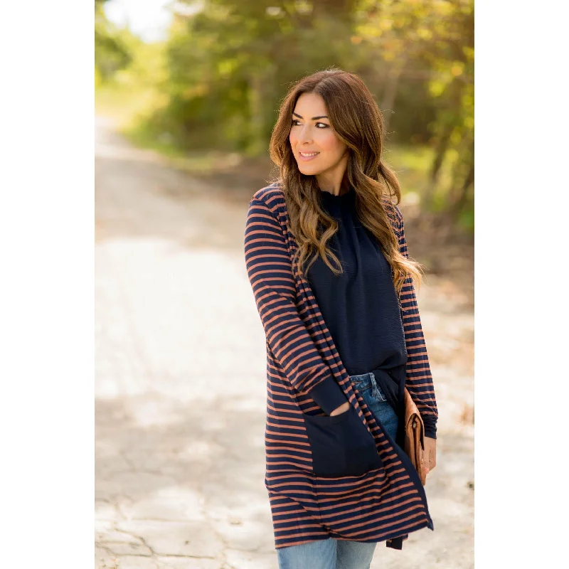 machine washable women cardigan for easy careSolid Accent Striped Tunic Cardigan