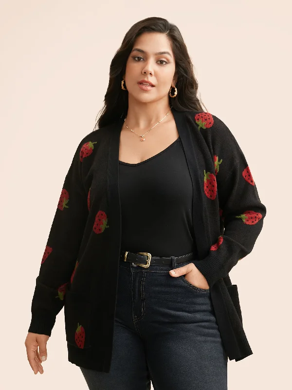 cropped women cardigan to pair with high - waisted jeansStrawberry Jacquard Patch Pocket Cardigan cropped women cardigan to pair with high - waisted jeansStrawberry Jacquard Patch Pocket Cardigan