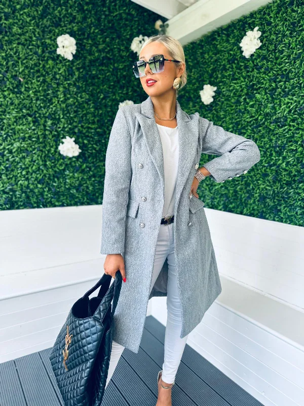 Women's knee - length wool blend coats with a fur collar for added warmthTara Double Breasted Coat Grey Women's knee - length wool blend coats with a fur collar for added warmthTara Double Breasted Coat Grey