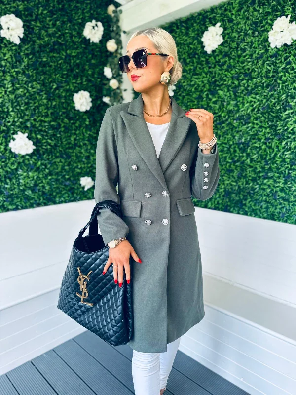 Women's longline double - breasted camel coats for a sophisticated lookTara Double Breasted Coat Khaki Women's longline double - breasted camel coats for a sophisticated lookTara Double Breasted Coat Khaki