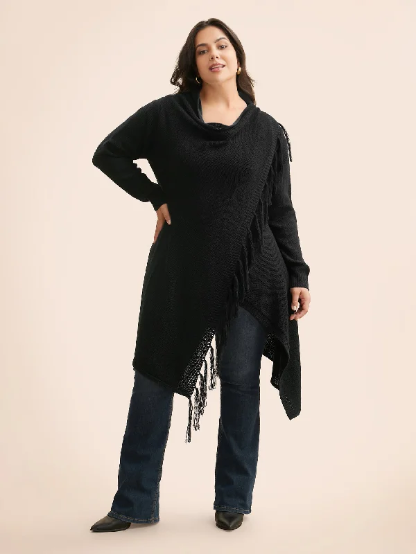 hooded women cardigan for added warmth and styleTexture Tassel Trim Asymmetrical Hem Cardigan