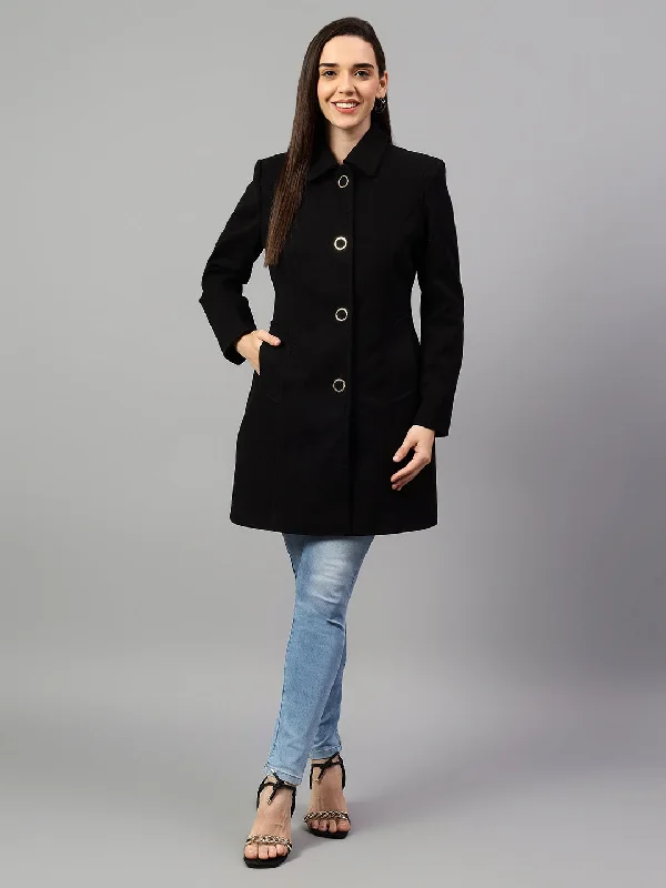 Plus size women's wool blend coats for a warm and stylish winterWomen's Black Solid Full Sleeves Winter Long Coat Plus size women's wool blend coats for a warm and stylish winterWomen's Black Solid Full Sleeves Winter Long Coat