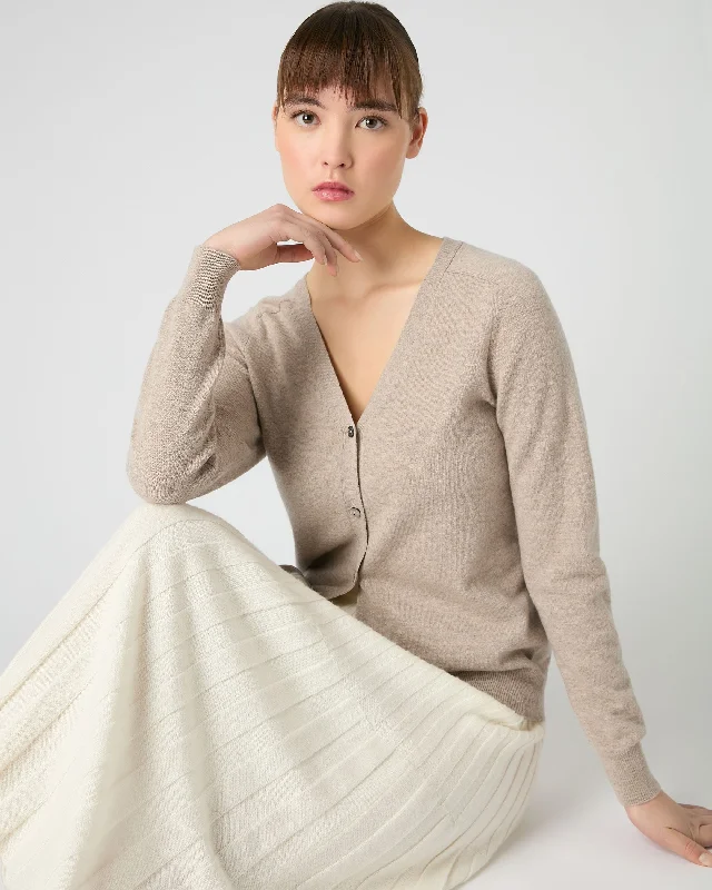 cropped women cardigan to pair with high - waisted jeansWomen's Lara V Neck Cashmere Cardigan Oatmeal Brown cropped women cardigan to pair with high - waisted jeansWomen's Lara V Neck Cashmere Cardigan Oatmeal Brown