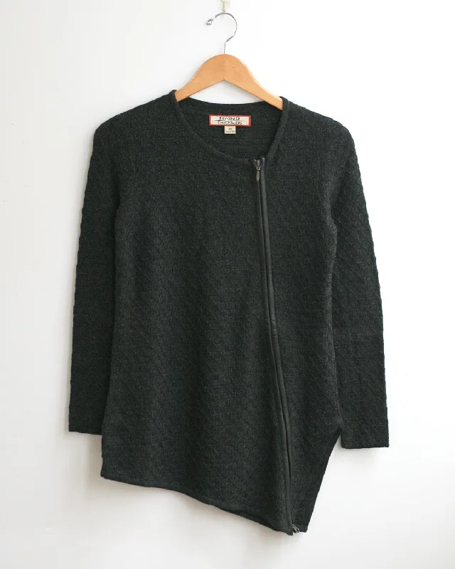 long length women cardigan with side slitsZip Edge Knit Alpaca Cardigan with Leather Trim long length women cardigan with side slitsZip Edge Knit Alpaca Cardigan with Leather Trim