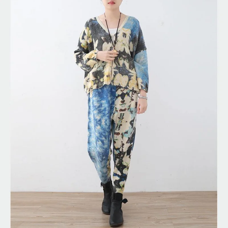 Cropped Women's Angora Blend Sweaters for a Trendy Look2018 new spring two pieces blue prints knit sweater and casual patchwork floral pants
