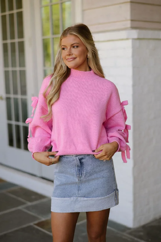 Plus Size Women's Sequined Sweaters for Special OccasionsAria Bow Sweater-Pink