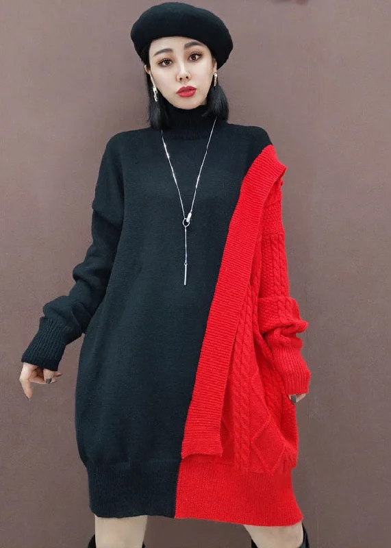 Midi - Length Women's Shetland Wool Sweater Dresses in Traditional PatternsBeautiful Red Turtle Neck Patchwork Knitwear Dress Winter Midi - Length Women's Shetland Wool Sweater Dresses in Traditional PatternsBeautiful Red Turtle Neck Patchwork Knitwear Dress Winter