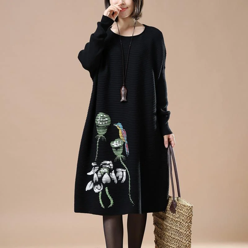 High - Low Hem Women's Cashmere - Blended SweatersBlack floral sweaters long knit dress High - Low Hem Women's Cashmere - Blended SweatersBlack floral sweaters long knit dress