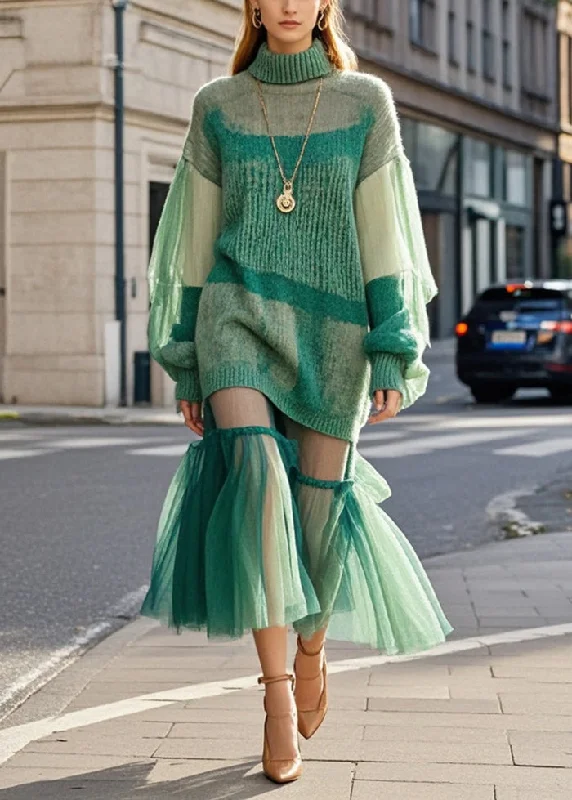 A - Line Women's Merino Wool Sweater Dresses in Classic StylesBohemian Green High Neck Patchwork Tulle Knitted Dress Fall A - Line Women's Merino Wool Sweater Dresses in Classic StylesBohemian Green High Neck Patchwork Tulle Knitted Dress Fall