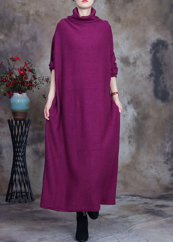 Plus Size Women's Long Sleeve Cable Knit Sweater DressesBohemian purple red Loose Knit Holiday Dress Spring