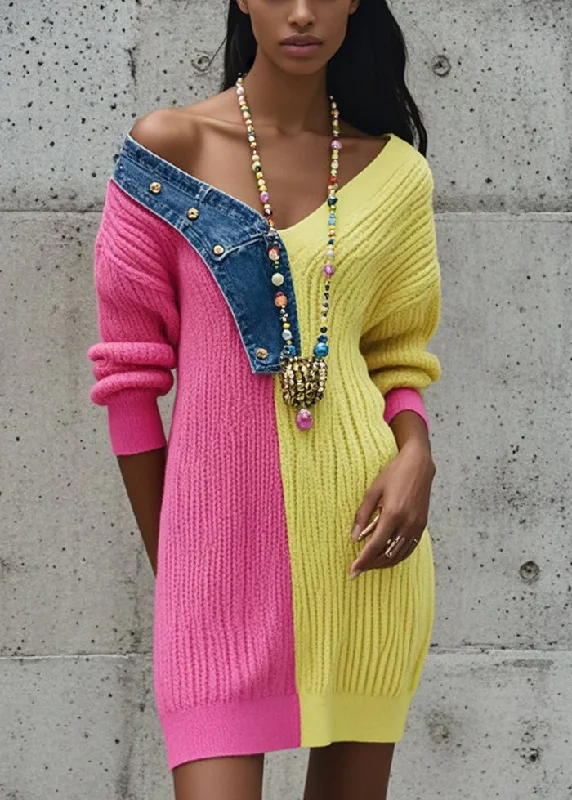 Short Sleeve Women's Cashmere Sweater Dresses in Pastel HuesBohemian Rose Asymmetrical Patchwork Denim Knitted Dress Fall Short Sleeve Women's Cashmere Sweater Dresses in Pastel HuesBohemian Rose Asymmetrical Patchwork Denim Knitted Dress Fall