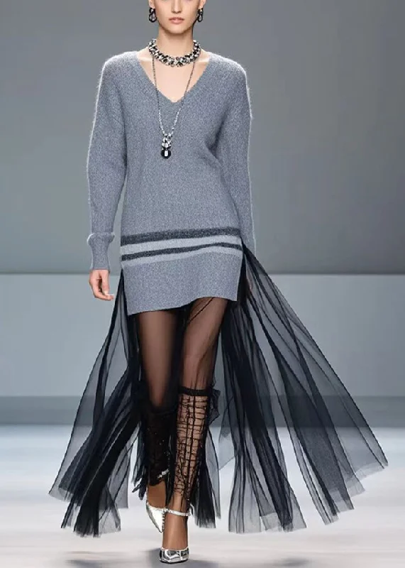 Plus Size Women's Fit - and - Flare Sweater Dresses with Ruffled HemBoho Grey V Neck Patchwork Tulle Knitted Dress Winter Plus Size Women's Fit - and - Flare Sweater Dresses with Ruffled HemBoho Grey V Neck Patchwork Tulle Knitted Dress Winter