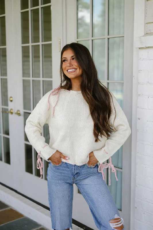 Boat Neck Women's Merino Wool Sweaters in Neutral ShadesBow Stitch Sweater-Cream