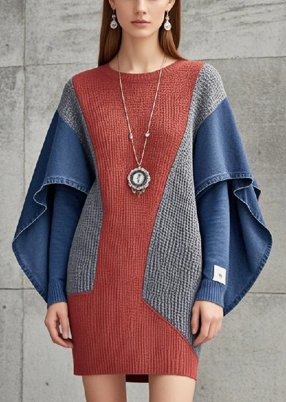 Short Sleeve Women's Cashmere Sweater Dresses in Pastel HuesBrick Red Patchwork Denim Knit Sweater Dress Oversized Butterfly Sleeve Short Sleeve Women's Cashmere Sweater Dresses in Pastel HuesBrick Red Patchwork Denim Knit Sweater Dress Oversized Butterfly Sleeve