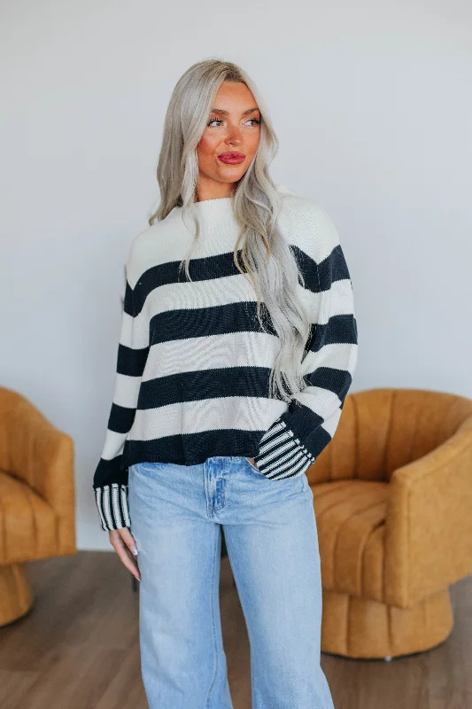 Plus Size Women's Sequined Sweaters for Special OccasionsCandyce Striped Sweater - Dark Navy Plus Size Women's Sequined Sweaters for Special OccasionsCandyce Striped Sweater - Dark Navy