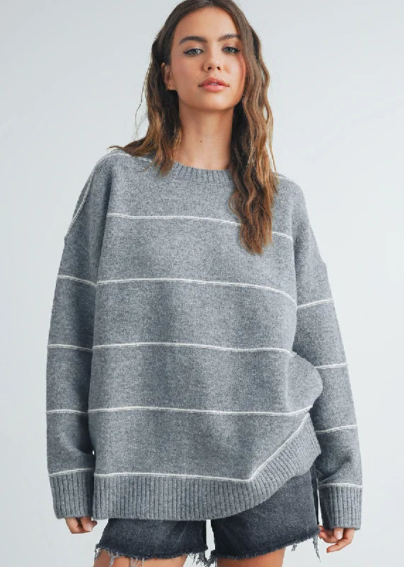 Split - Hem Women's Linen Blend Sweaters for SpringCarlyle Striped Drop-Shoulder Sweater - Grey Multi