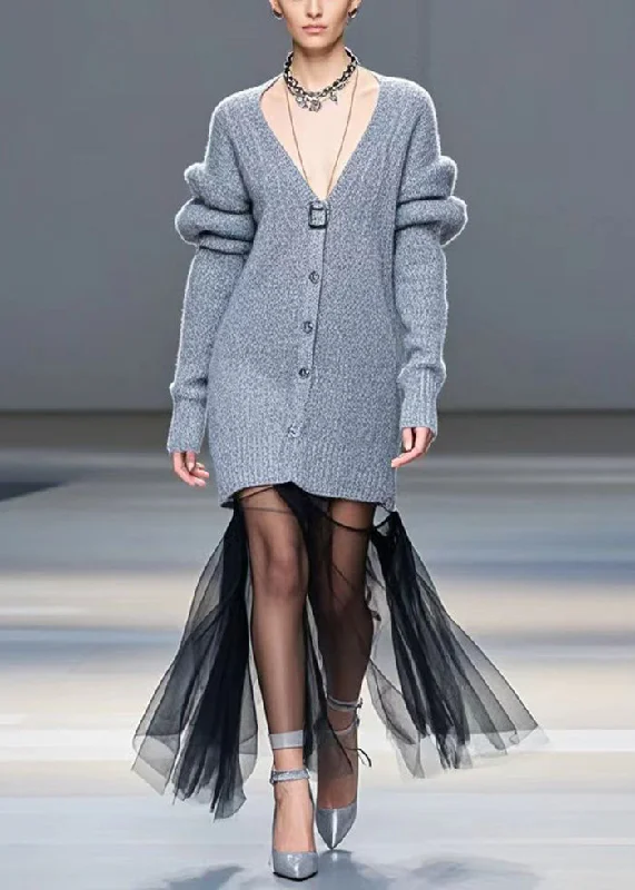 Plus Size Women's Turtleneck Sweater Dresses with Side SlitsCasual Grey V Neck Patchwork Tulle Long Sweater Winter Plus Size Women's Turtleneck Sweater Dresses with Side SlitsCasual Grey V Neck Patchwork Tulle Long Sweater Winter