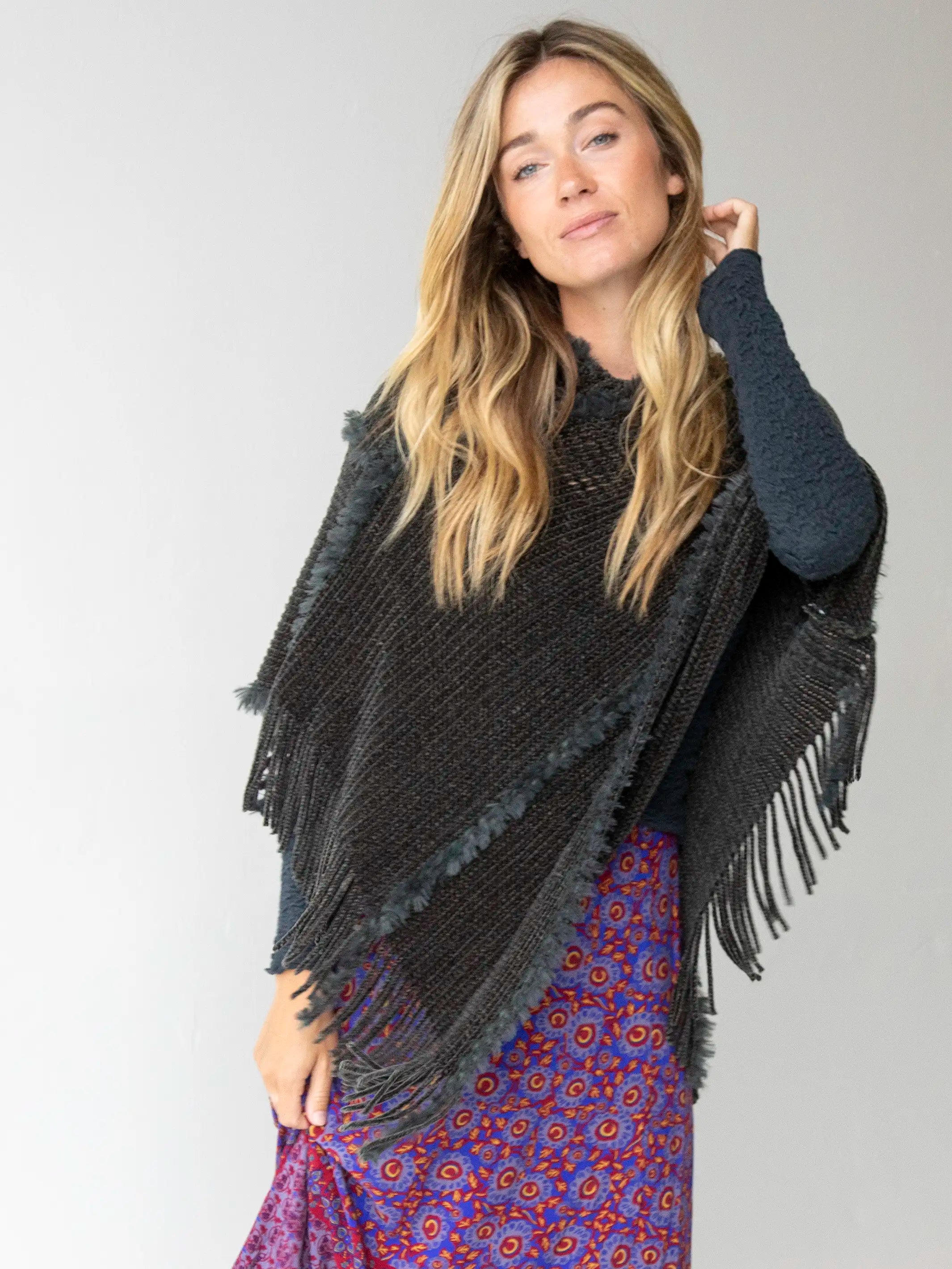 Plus Size Women's Tunic - Style Sweater Dresses with PocketsChenille Poncho Scarf - Charcoal Plus Size Women's Tunic - Style Sweater Dresses with PocketsChenille Poncho Scarf - Charcoal
