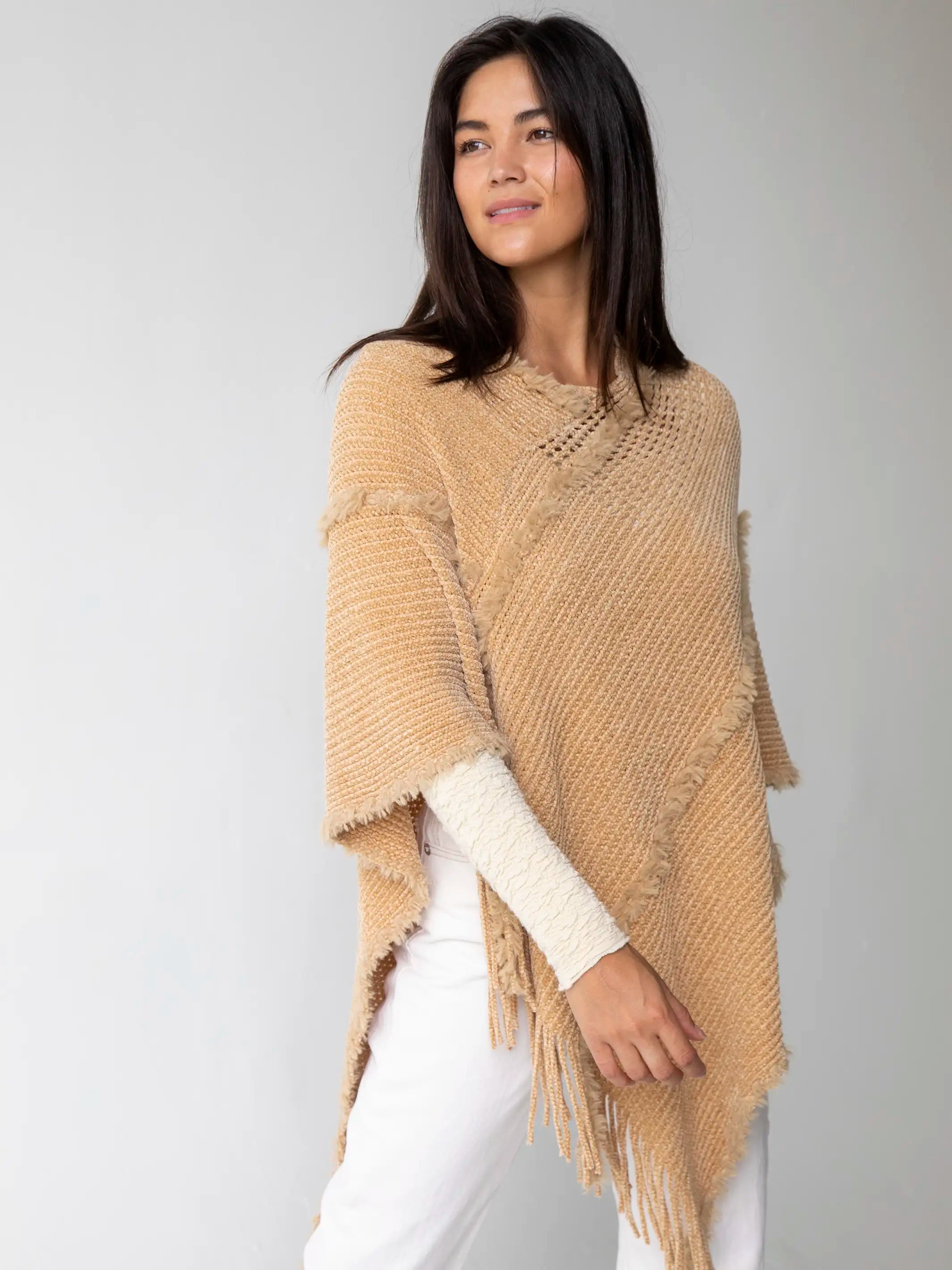 Women's Off - Shoulder Chunky Knit Sweater Dresses in Earth TonesChenille Poncho Scarf - Tan