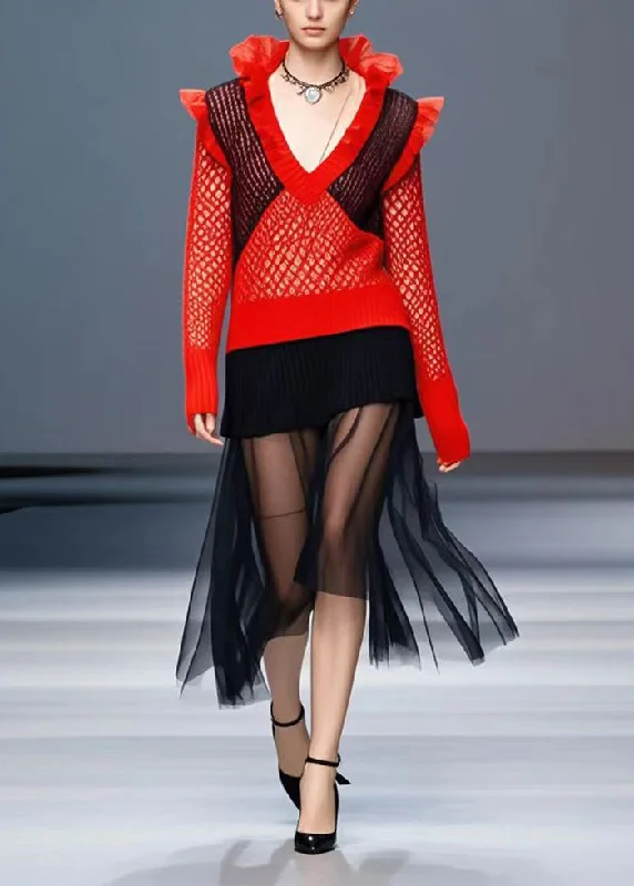 Knee - Length Women's Wool Blend Sweater Dresses in Neutral ColorsChic Red Patchwork Tulle Long Knit Dress Ruffled Fall Knee - Length Women's Wool Blend Sweater Dresses in Neutral ColorsChic Red Patchwork Tulle Long Knit Dress Ruffled Fall