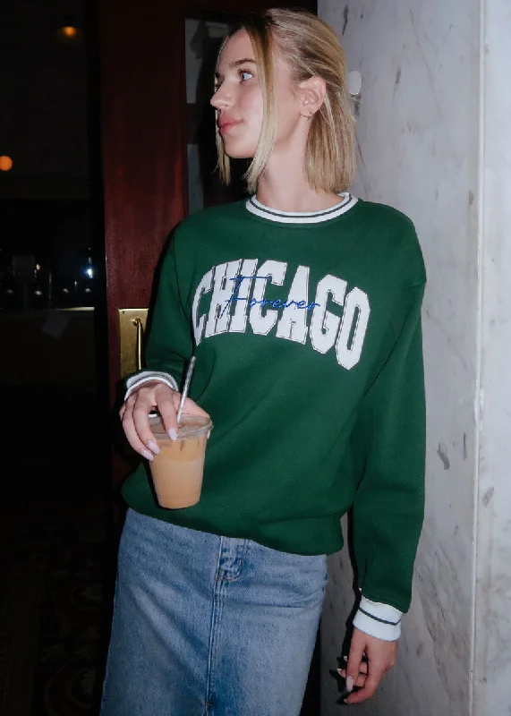 Plus Size Women's Embroidered Sweaters in Ethnic StylesChicago Forever Embroidered Crew - Green Plus Size Women's Embroidered Sweaters in Ethnic StylesChicago Forever Embroidered Crew - Green