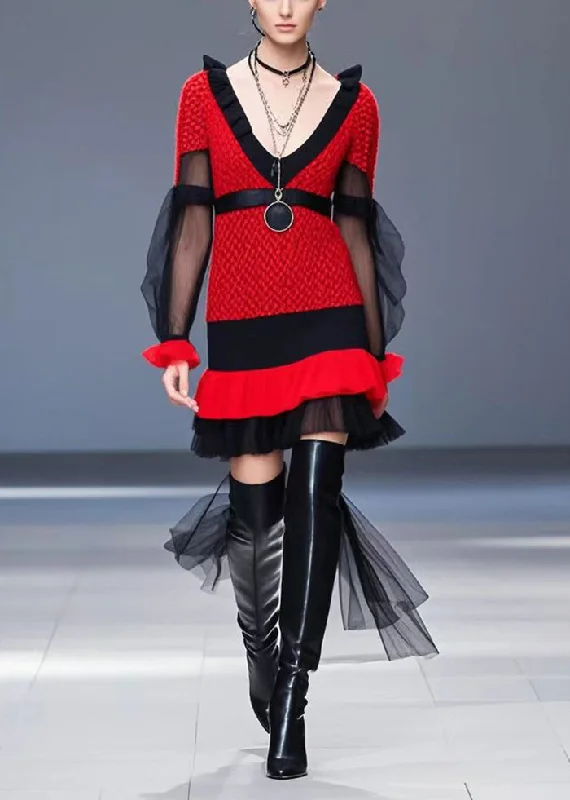 Belted Women's Cotton Blend Sweater Dresses for a Casual LookClassy Red V Neck Patchwork Tulle Knit Dress Fall Belted Women's Cotton Blend Sweater Dresses for a Casual LookClassy Red V Neck Patchwork Tulle Knit Dress Fall