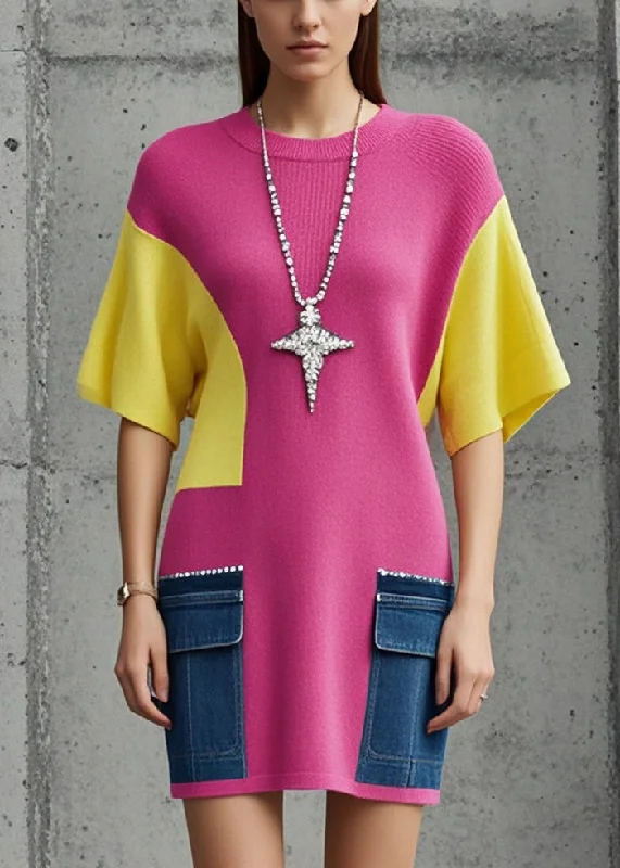 Cowl Neck Women's Cashmere Blend Sweater Dresses for WinterClassy Rose Patchwork Denim Pockets Knitwear Dress Fall Cowl Neck Women's Cashmere Blend Sweater Dresses for WinterClassy Rose Patchwork Denim Pockets Knitwear Dress Fall