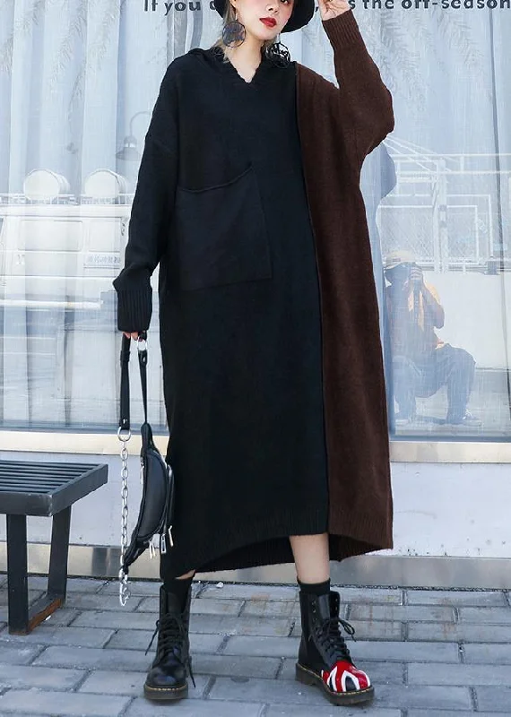 V - Neck Women's Ribbed Sweater Dresses with Belt for a Defined WaistCute brown patchwork Sweater Aesthetic Women hooded winter knitted tops V - Neck Women's Ribbed Sweater Dresses with Belt for a Defined WaistCute brown patchwork Sweater Aesthetic Women hooded winter knitted tops